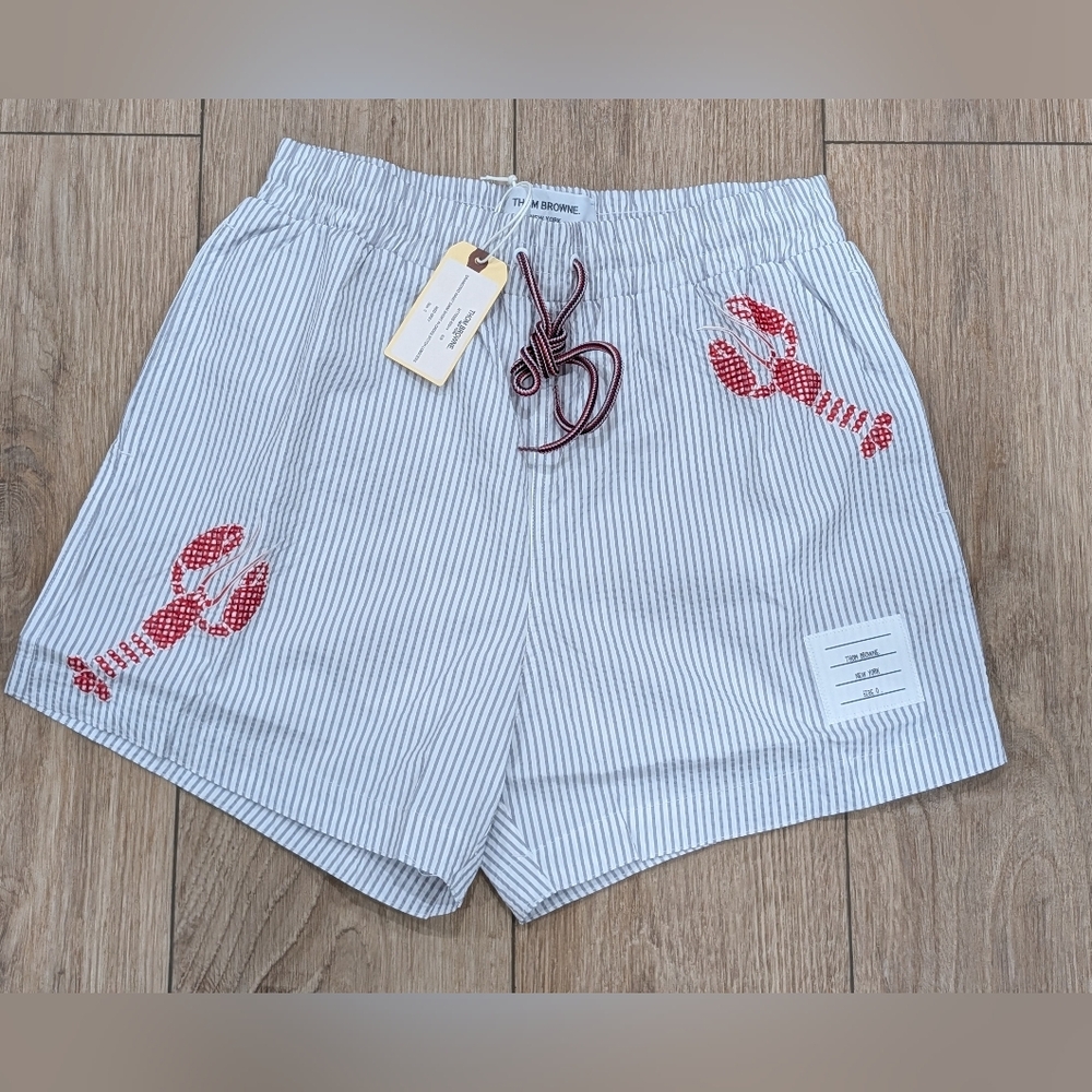 $950 Mens THOM BROWNE Lobster Seersucker Swim Shorts Trunks Grey 0 - XS